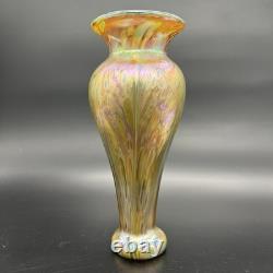 Vintage Iridescent Art Glass Vase Gold Purple Pink Green Luster Signed Fiske'81