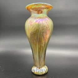 Vintage Iridescent Art Glass Vase Gold Purple Pink Green Luster Signed Fiske'81