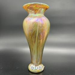 Vintage Iridescent Art Glass Vase Gold Purple Pink Green Luster Signed Fiske'81