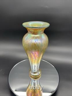 Vintage Iridescent Art Glass Vase Gold Purple Pink Green Luster Signed Fiske'81