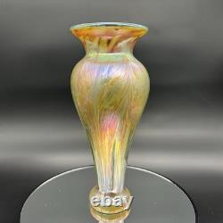 Vintage Iridescent Art Glass Vase Gold Purple Pink Green Luster Signed Fiske'81