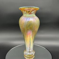 Vintage Iridescent Art Glass Vase Gold Purple Pink Green Luster Signed Fiske'81