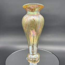 Vintage Iridescent Art Glass Vase Gold Purple Pink Green Luster Signed Fiske'81