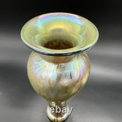 Vintage Iridescent Art Glass Vase Gold Purple Pink Green Luster Signed Fiske'81