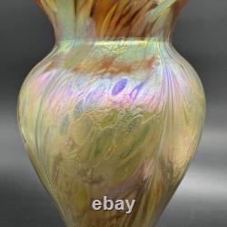 Vintage Iridescent Art Glass Vase Gold Purple Pink Green Luster Signed Fiske'81