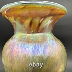 Vintage Iridescent Art Glass Vase Gold Purple Pink Green Luster Signed Fiske'81