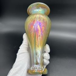 Vintage Iridescent Art Glass Vase Gold Purple Pink Green Luster Signed Fiske'81