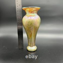 Vintage Iridescent Art Glass Vase Gold Purple Pink Green Luster Signed Fiske'81