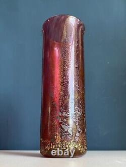 Vintage Isle of Wight Glass Azurine Pink Cylinder Vase With Gold & Silver Leaf