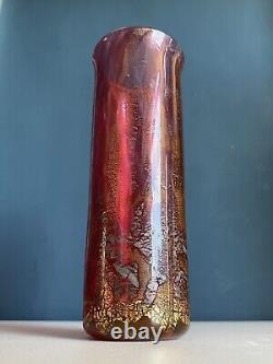 Vintage Isle of Wight Glass Azurine Pink Cylinder Vase With Gold & Silver Leaf