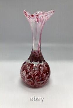 Vintage Italian Murano Hand Blown Cranberry, Pink & Clear Vase w' Ruffled Edges