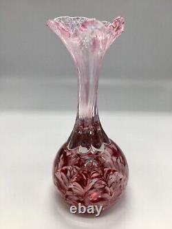 Vintage Italian Murano Hand Blown Cranberry, Pink & Clear Vase w' Ruffled Edges