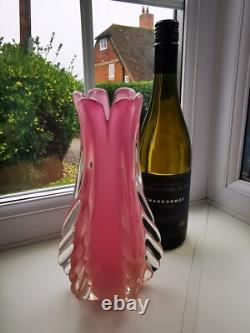 Vintage Italian Murano Pink Alabastro Opal Ribbed/Finned Art Glass Vase C1960's