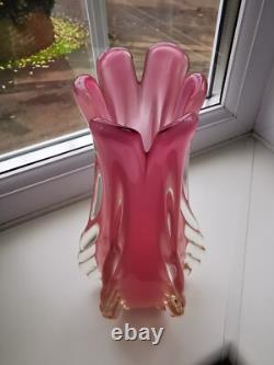 Vintage Italian Murano Pink Alabastro Opal Ribbed/Finned Art Glass Vase C1960's