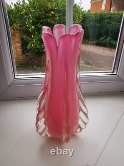 Vintage Italian Murano Pink Alabastro Opal Ribbed/Finned Art Glass Vase C1960's
