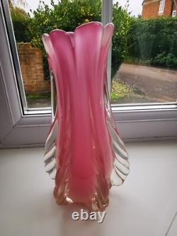 Vintage Italian Murano Pink Alabastro Opal Ribbed/Finned Art Glass Vase C1960's
