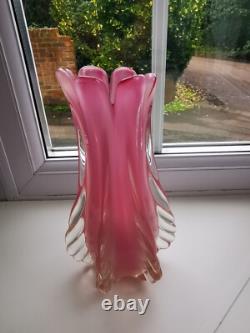 Vintage Italian Murano Pink Alabastro Opal Ribbed/Finned Art Glass Vase C1960's