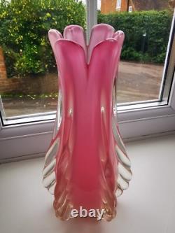 Vintage Italian Murano Pink Alabastro Opal Ribbed/Finned Art Glass Vase C1960's