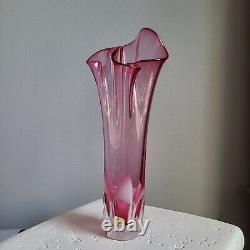 Vintage Jablonski Crystal Art Glass Ruffle Vase Pink White Clear Poland Tall Big