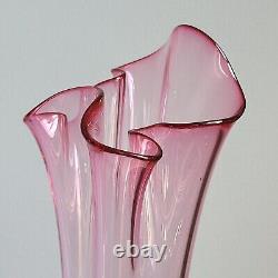 Vintage Jablonski Crystal Art Glass Ruffle Vase Pink White Clear Poland Tall Big