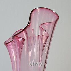 Vintage Jablonski Crystal Art Glass Ruffle Vase Pink White Clear Poland Tall Big
