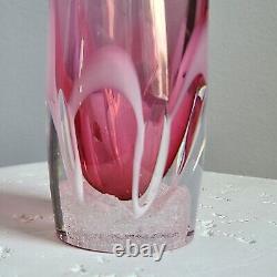 Vintage Jablonski Crystal Art Glass Ruffle Vase Pink White Clear Poland Tall Big