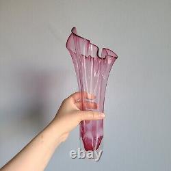 Vintage Jablonski Crystal Art Glass Ruffle Vase Pink White Clear Poland Tall Big