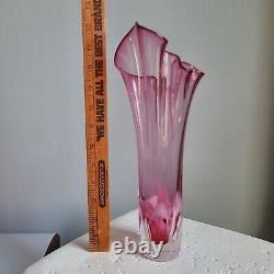 Vintage Jablonski Crystal Art Glass Ruffle Vase Pink White Clear Poland Tall Big