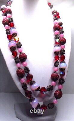 Vintage Jonne Pink & Red Art Glass Crystal Necklace 2 Strand Multi Strand