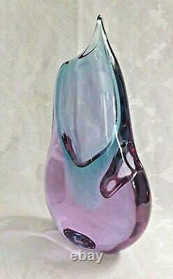 Vintage Josef Cvrcek signed Czech art glass vase pink/blue 29 cm tall