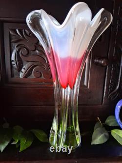 Vintage Josef Hospodka Chribska Czech Art Glass Pink & Green/white Vase