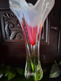 Vintage Josef Hospodka Chribska Czech Art Glass Pink & Green/white Vase