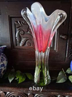 Vintage Josef Hospodka Chribska Czech Art Glass Pink & Green/white Vase