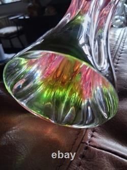 Vintage Josef Hospodka Chribska Czech Art Glass Pink & Green/white Vase