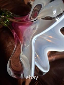 Vintage Josef Hospodka Chribska Czech Art Glass Pink & Green/white Vase