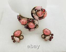 Vintage Juliana PINK ART GLASS RHINESTONE Clamper BRACELET & EARRINGS SET