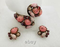 Vintage Juliana PINK ART GLASS RHINESTONE Clamper BRACELET & EARRINGS SET