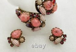 Vintage Juliana PINK ART GLASS RHINESTONE Clamper BRACELET & EARRINGS SET