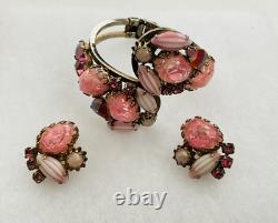 Vintage Juliana PINK ART GLASS RHINESTONE Clamper BRACELET & EARRINGS SET
