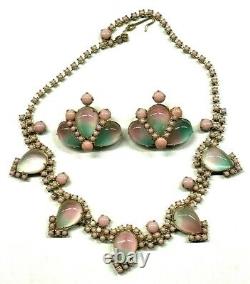 Vintage LaRel Bi-Color Art Glass Cabochon Rhinestone Necklace Earrings Set