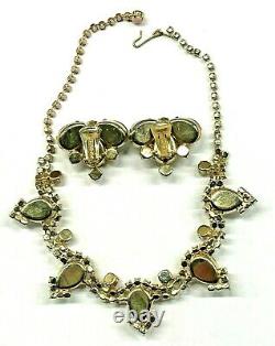 Vintage LaRel Bi-Color Art Glass Cabochon Rhinestone Necklace Earrings Set