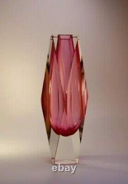 Vintage Large 70s Alessandro Mandruzzato Pink Sommerso Murano Faceted Glass Vase