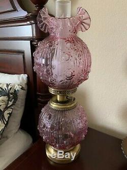 Vintage Large Fenton Pink Cabbage Rose Hurricane Lamp Mint Condition 22.5 Tall