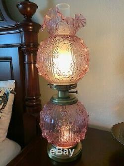 Vintage Large Fenton Pink Cabbage Rose Hurricane Lamp Mint Condition 22.5 Tall