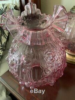 Vintage Large Fenton Pink Cabbage Rose Hurricane Lamp Mint Condition 22.5 Tall