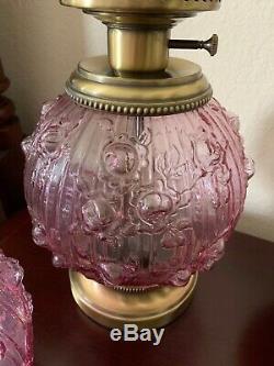 Vintage Large Fenton Pink Cabbage Rose Hurricane Lamp Mint Condition 22.5 Tall