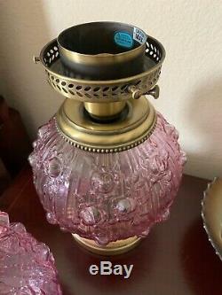 Vintage Large Fenton Pink Cabbage Rose Hurricane Lamp Mint Condition 22.5 Tall