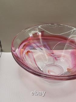 Vintage Large Kosta Boda Tempera Pink Anna Ehrner Art Glass Bowl Signed & Label