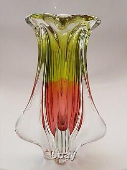 Vintage Large MURANO GLASS VASE Pink & Green Thick Heavy Glass (A15)