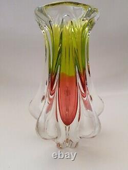 Vintage Large MURANO GLASS VASE Pink & Green Thick Heavy Glass (A15)